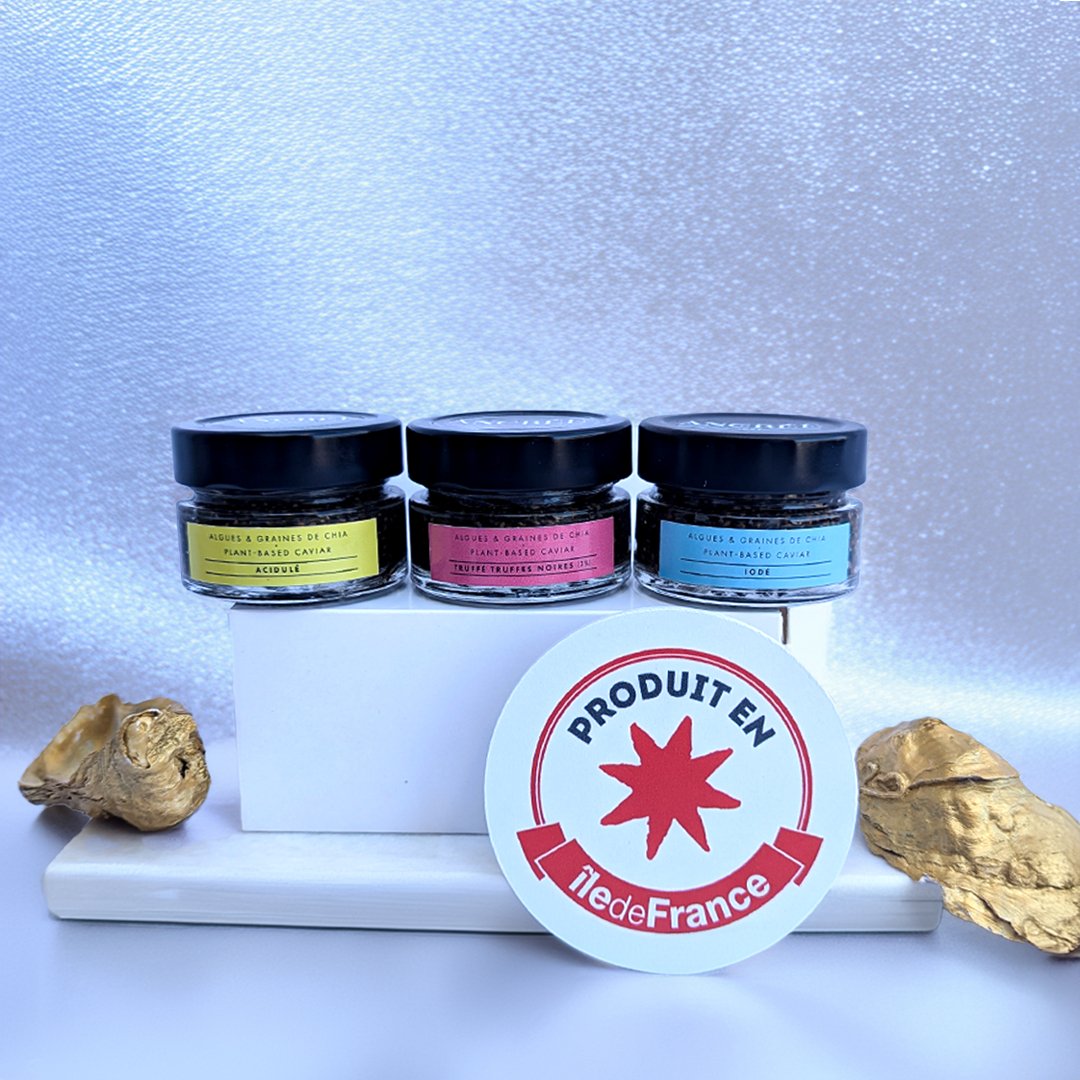 Trio de saveurs du caviar végétal en vente sur le site ANCRÉE. La gamme est certifiée "Produit en Île-de-France".