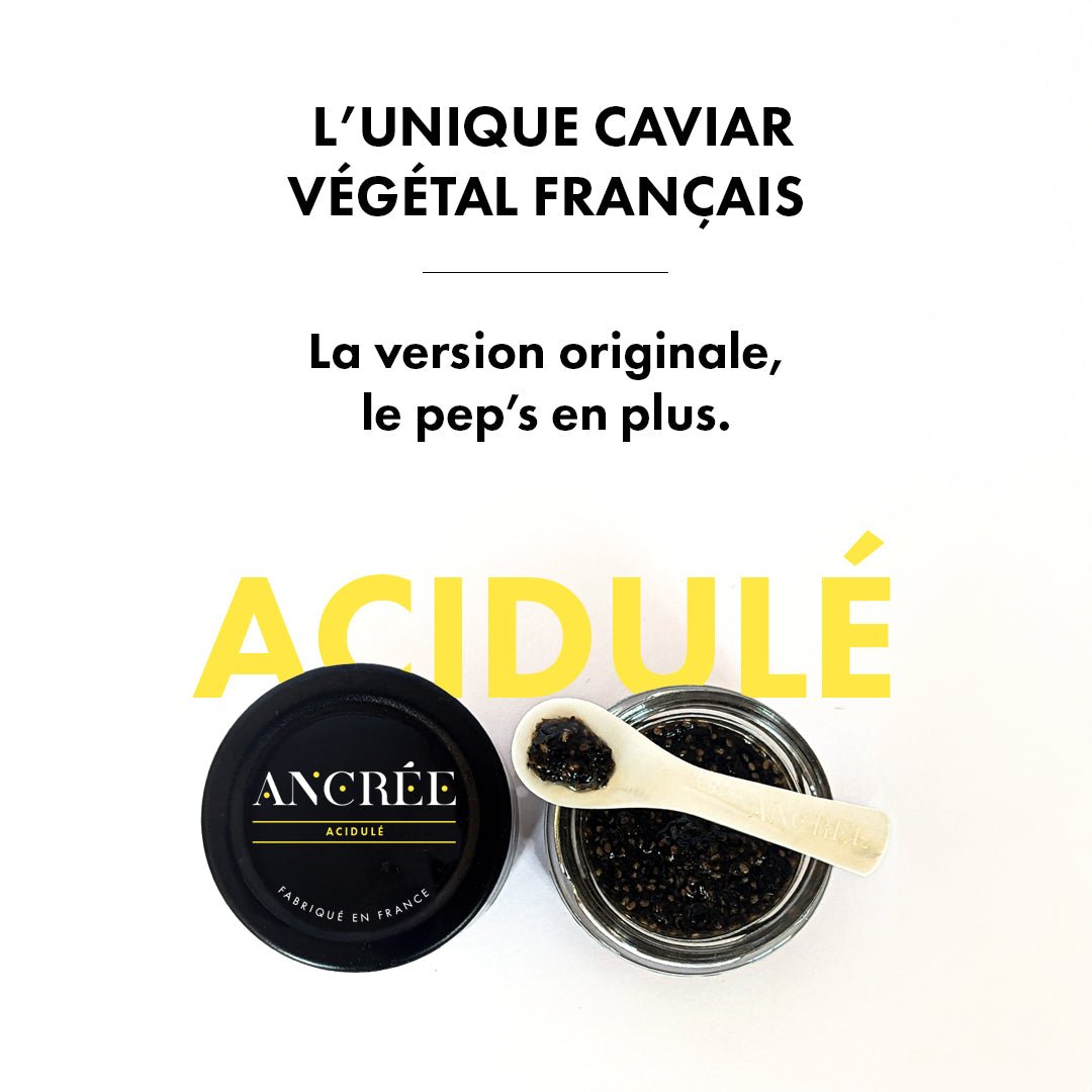Pot de caviar végétal Acidulé avec une cuillère en nacre