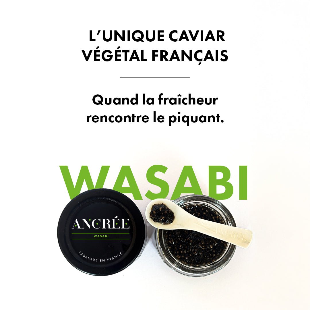 Pot de caviar végétal Wasabi avec une cuillère en nacre