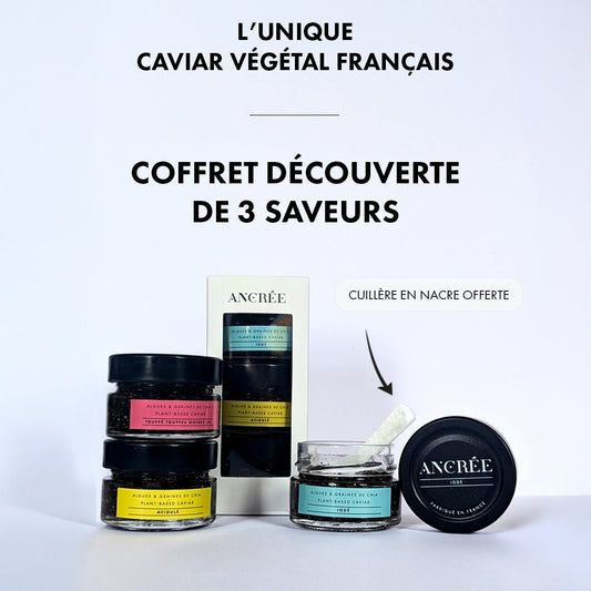 Coffret trio de saveurs ANCRÉE vendu en ligne sur le site. La cuillère en nacre est offerte.