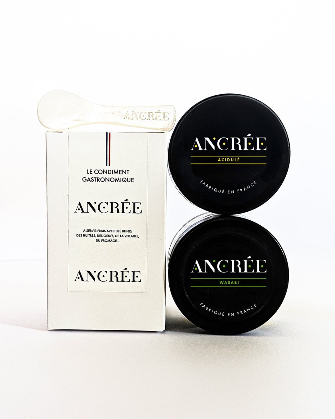 Coffret duo de saveurs Acidulée et Wasabi, vendu en ligne sur le site. La cuillère en nacre est offerte.