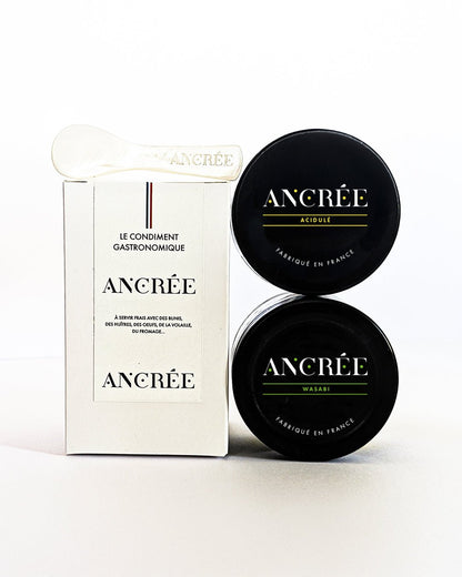 Coffret duo de saveurs Acidulée et Wasabi, vendu en ligne sur le site. La cuillère en nacre est offerte.