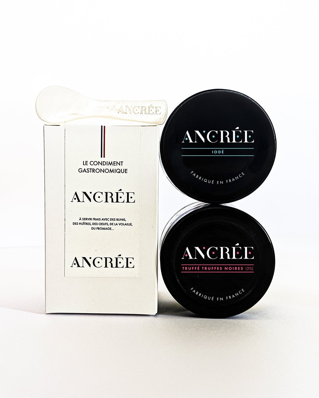 Coffret duo de saveurs Iodée et Truffée, vendu en ligne sur le site. La cuillère en nacre est offerte.